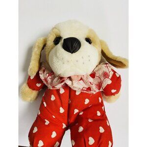 Vintage Plush Puppy Dog In Red Heart Pajamas With Ruffled Collar Valentines